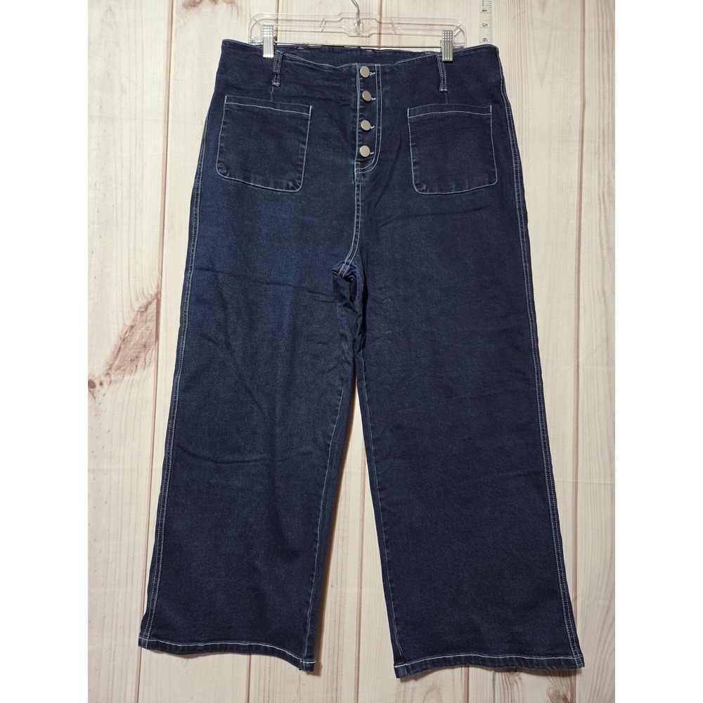 Denim Wide Leg Pants Womens 16 Dark Wash High‎ Rise Button Fly Pockets Stretch